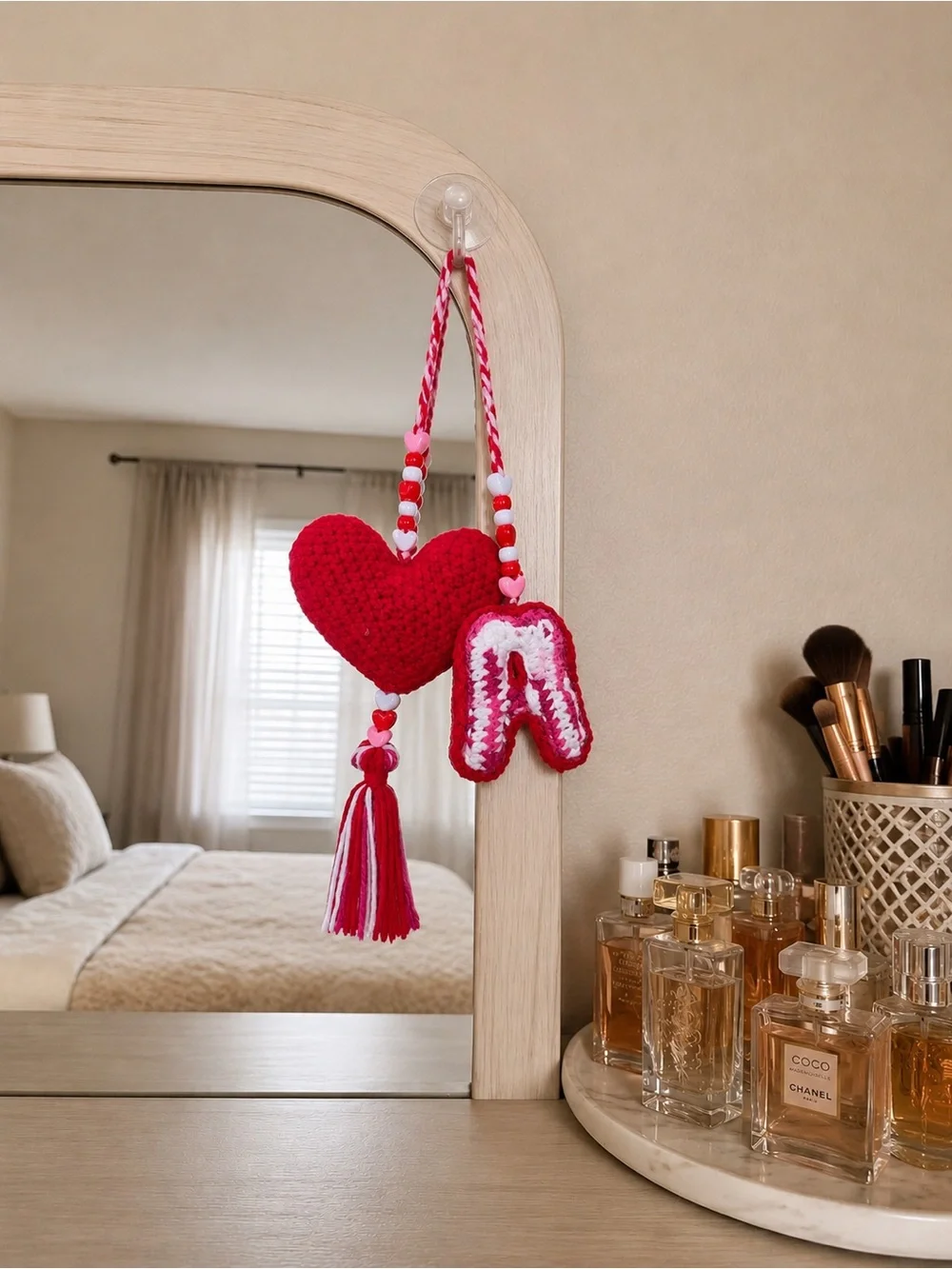 Red Crochet Heart Keychain with Pink Letter A Charm